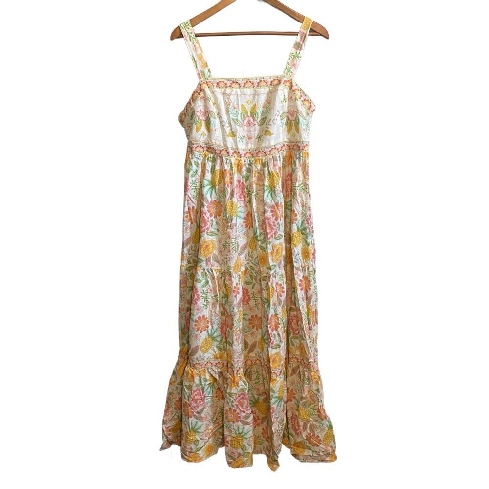 Rachel Zoe Sleeveless Tiered Maxi Floral Dress Sz 12 Smocked Embroidered Cottage